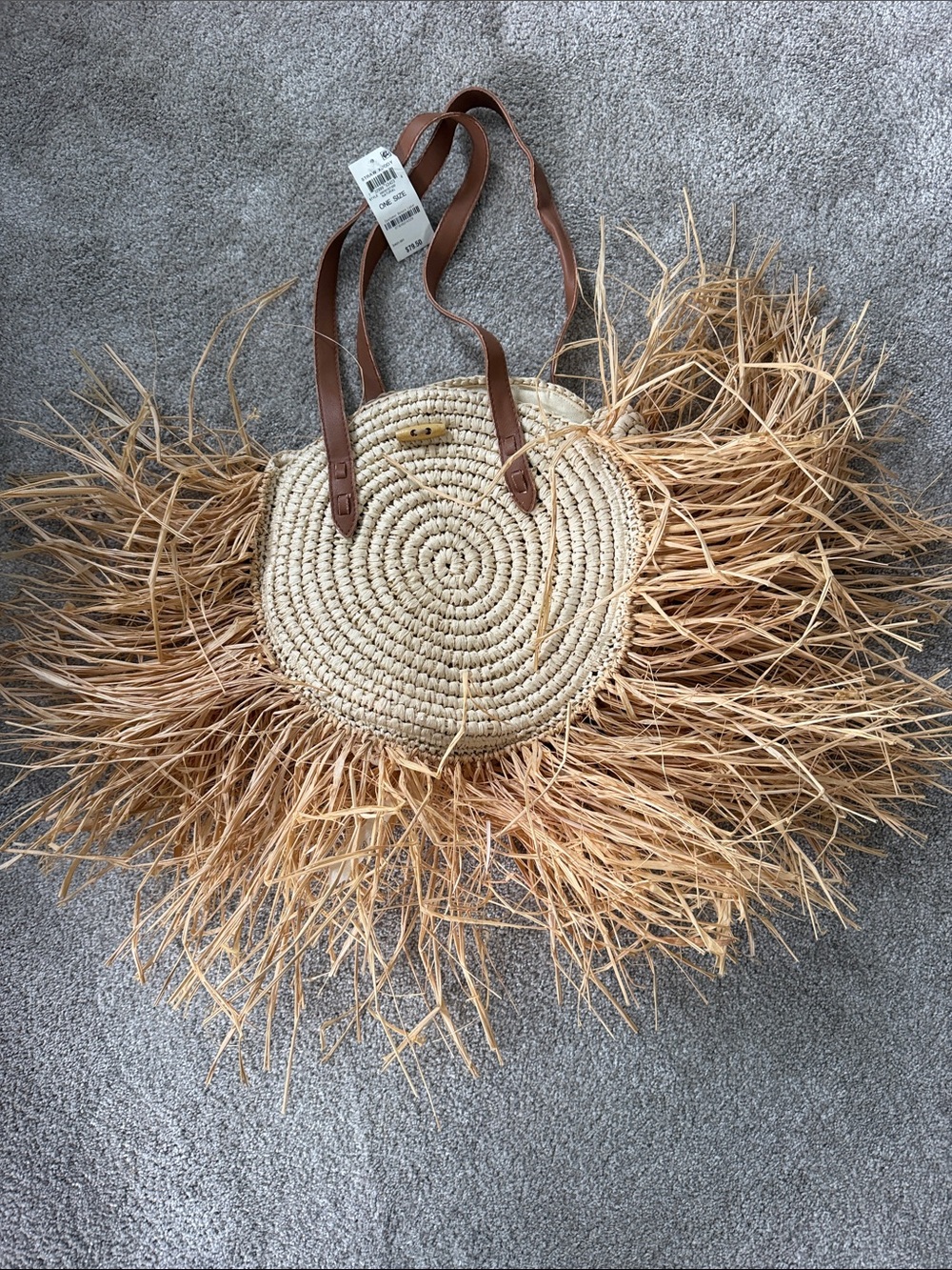 Round Straw Tote Bag with Fringed Raffia and Brown Straps